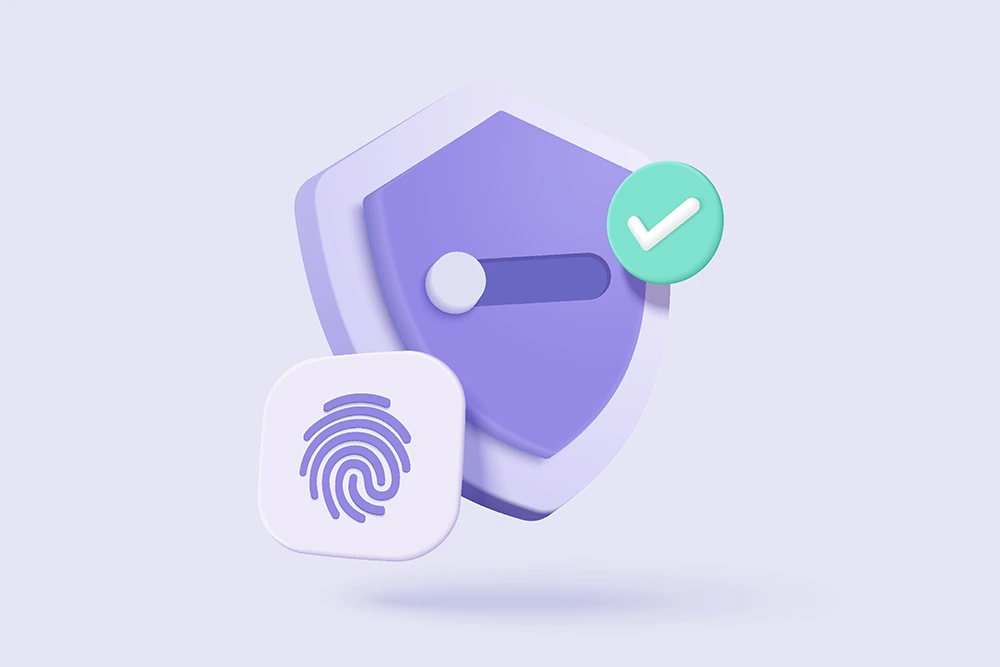 Ein lilafarbenes 3D-Schutzschild mit grünem Häkchen wird von einem Fingerabdrucksymbol ergänzt, dargestellt auf hellviolettem Hintergrund in isometrischem Stil.