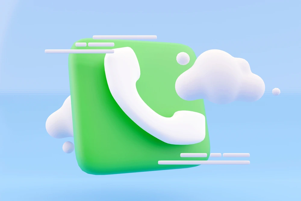 Ein grünes 3D-Telefonsymbol mit weißem Hörer ist von stilisierten weißen Wolken umgeben, dargestellt auf blauem Hintergrund mit schwebenden grafischen Linien.