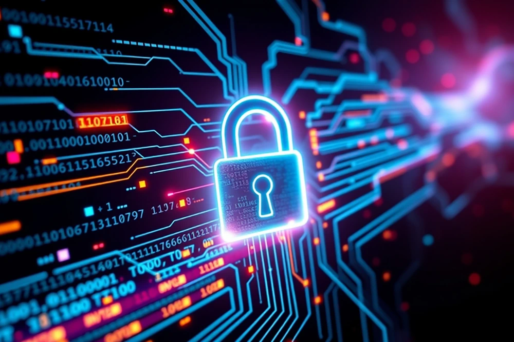Ein leuchtendes Vorhängeschloss schwebt über grafischen Datenleitungen mit binären und hexadezimalen Zahlen. Die Darstellung symbolisiert Cybersicherheit und Datenschutz.