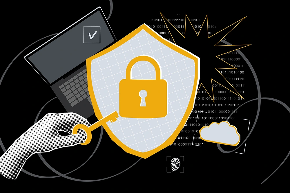 Illustration mit einem gelben Vorhängeschloss auf einem Schutzschild im Zentrum, einer Hand mit Schlüssel, einem Laptop, einer Cloud, einem Fingerabdrucksymbol und binärem Code auf schwarzem Hintergrund. Die Gestaltung betont IT-Sicherheit und Datenschutz.
